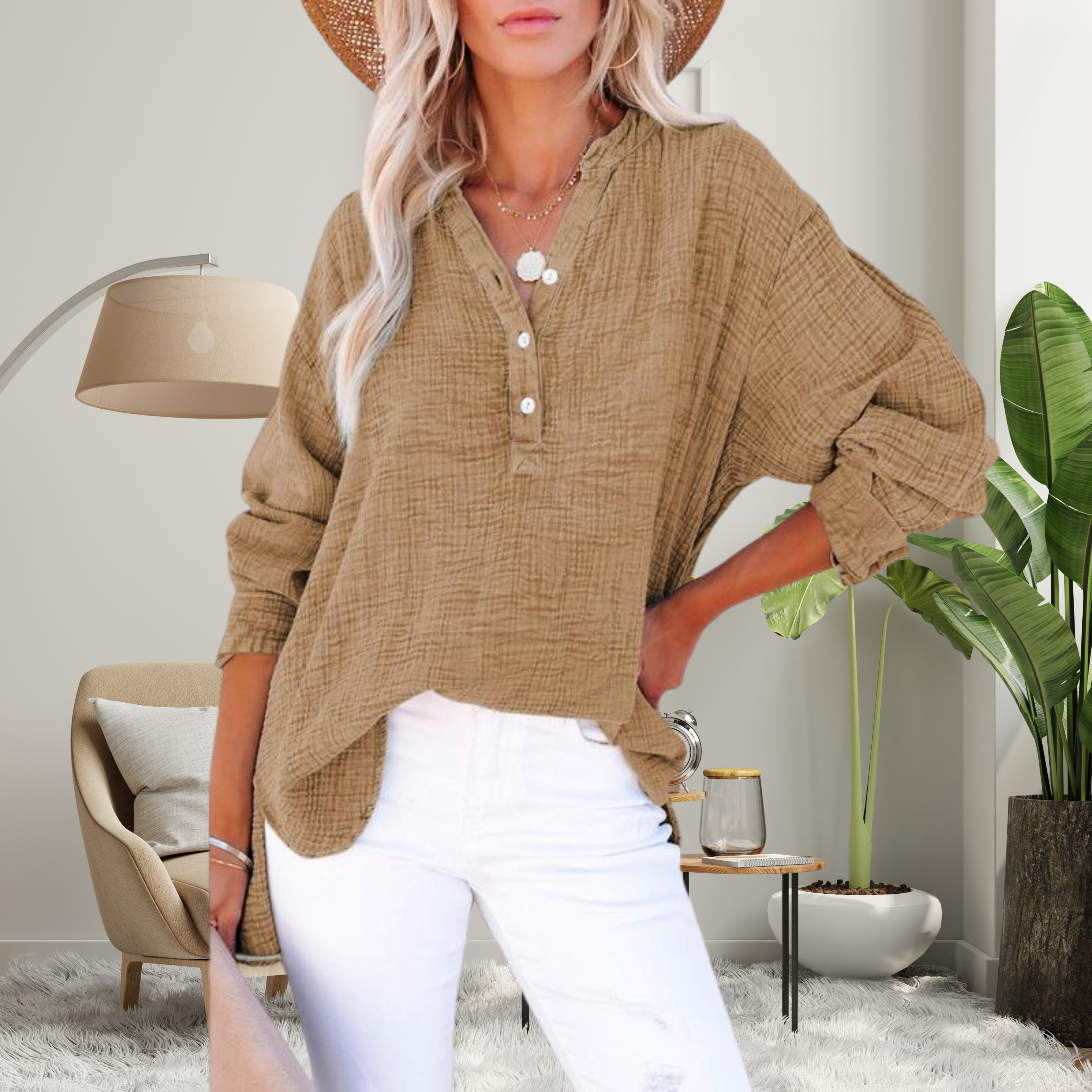 BRYLIN™ - Casual Button V-Neck Long Sleeve Oversized Blouse