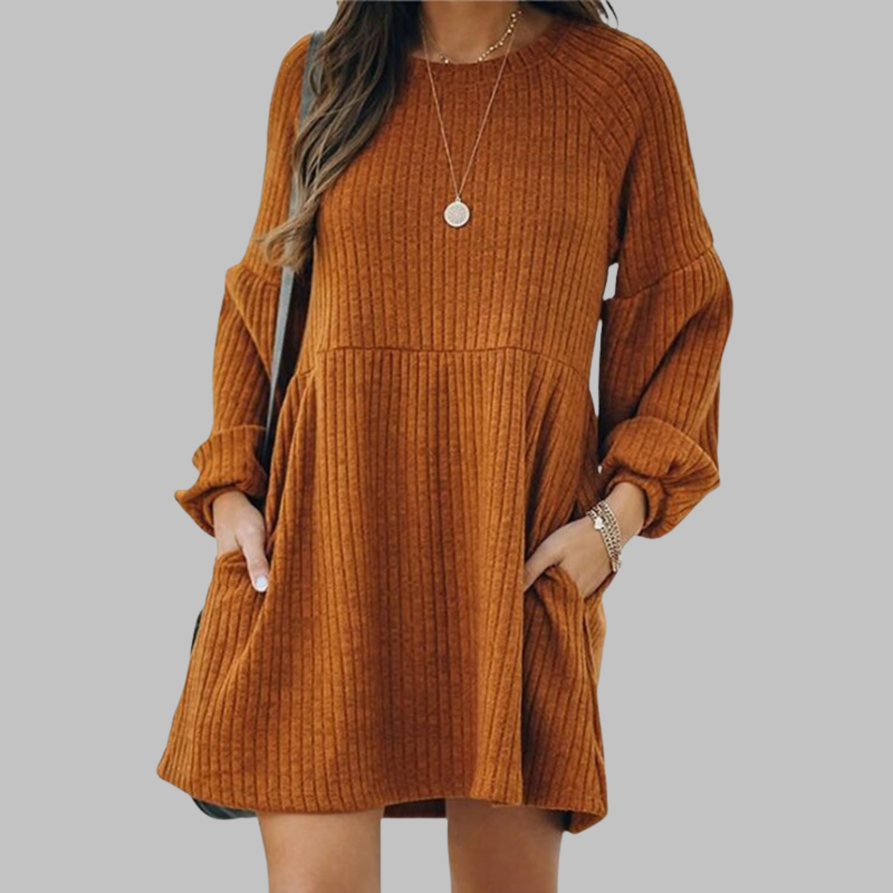 MONGO™ - Cozy Ribbed Bishop Sleeve Round Neck Mini Dress