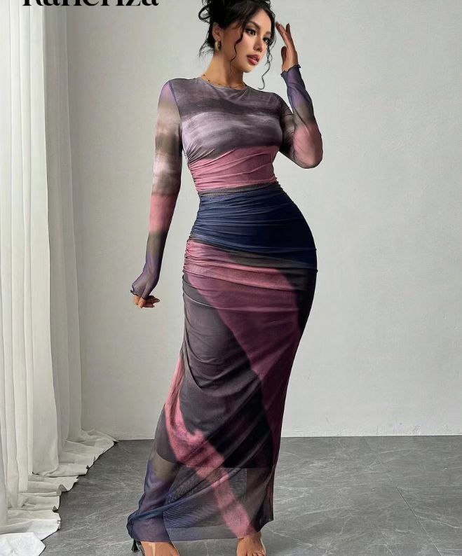 TORINA™ - Comfy Printed Long Sleeve Round Neck Bodycon Maxi Dress
