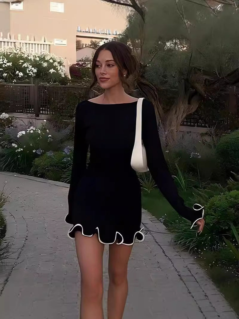 SARAH™ - Elegant Colorblock Wave Hem A-Line Long Sleeve Dress