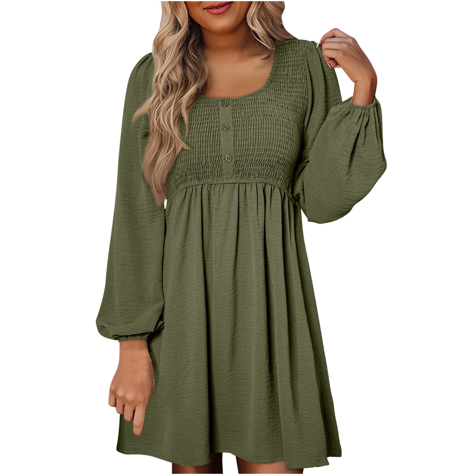 HARPER™ - Casual Smocked Empire Waist A-Line Dress with Button-Up Detail