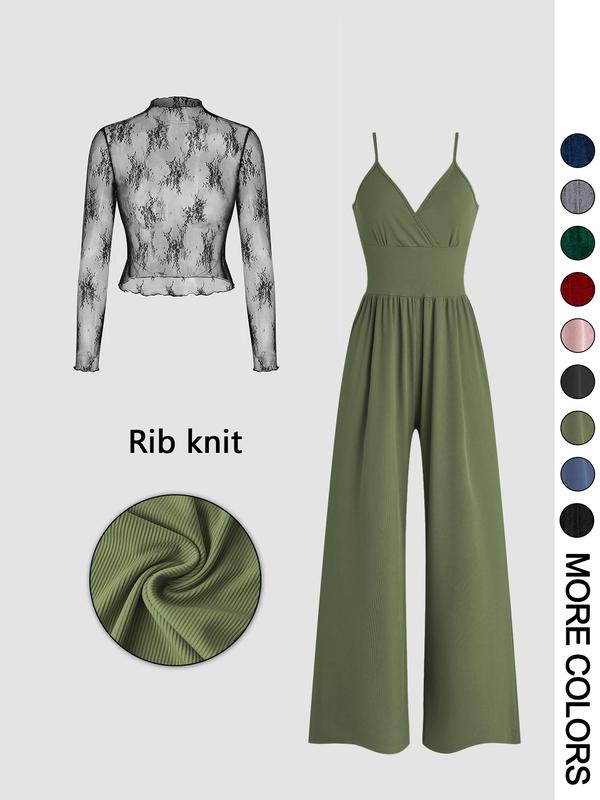 MARYAM™ - Solid Color Lace Tee & Pocket Jumpsuit Set for Spring & Fall