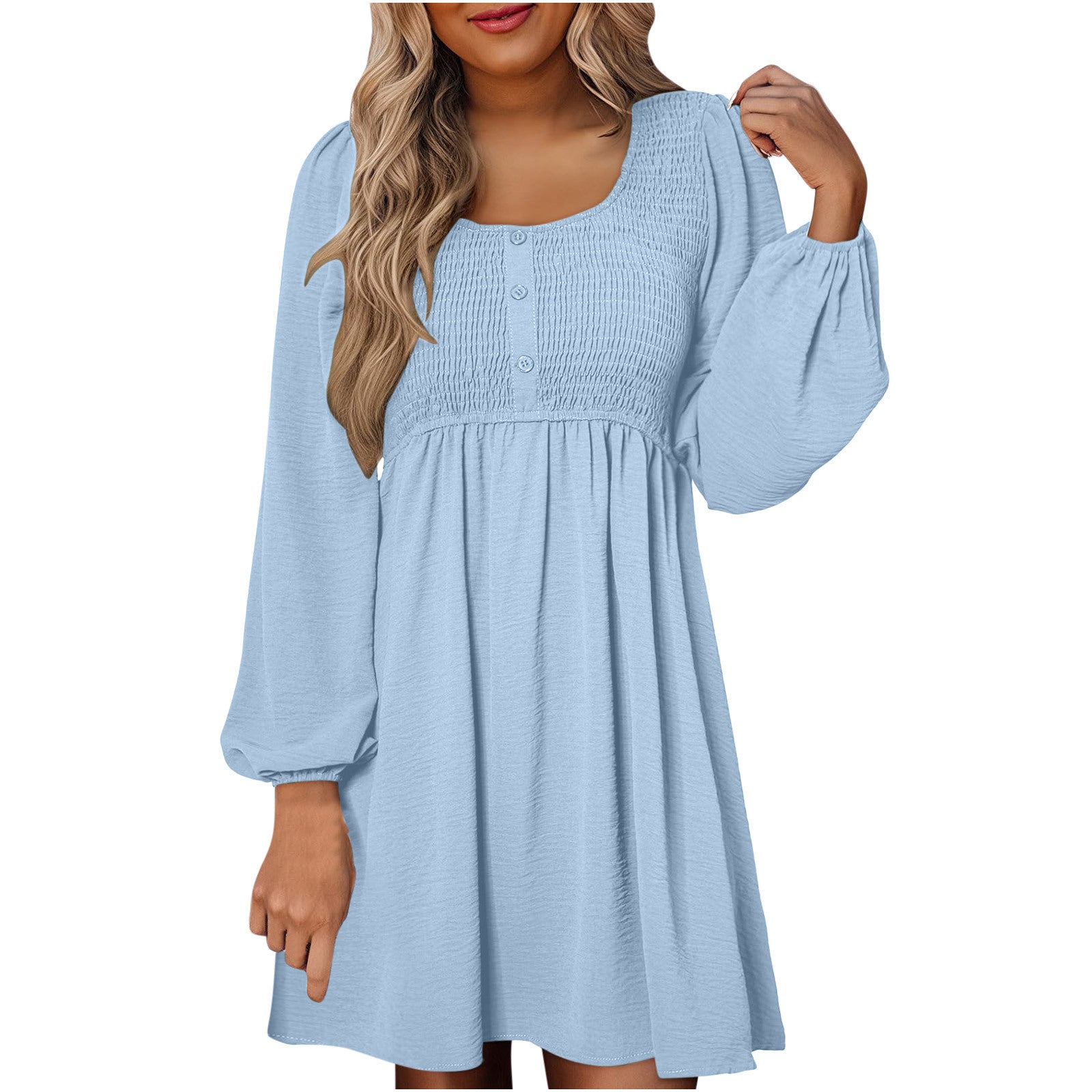 HARPER™ - Casual Smocked Empire Waist A-Line Dress with Button-Up Detail