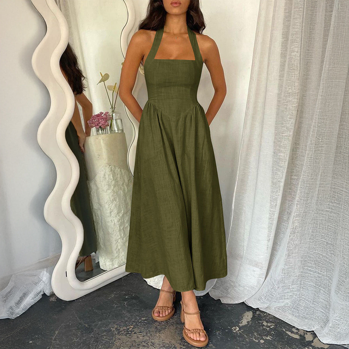 MYRNA™ - Vintage Summer Sleeveless Halter Neck A Line Maxi Dress